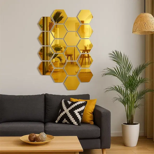 20 Hexagon Golden, Each Hexagon Size 12 cm x 10 cm 3D Hexagon Mirror Wall Stickers, 3D Mirror Stickers for Wall Large Size, 3D Wall Mirror Stickers, Pack of 20
