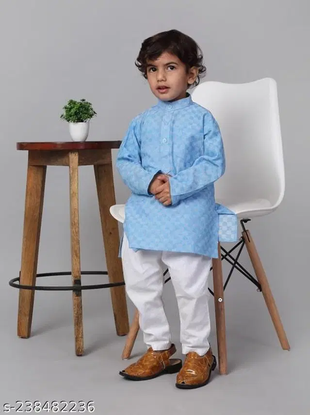 Cotton Kurta with Pyjamas for Boys (Blue & White, 9-12 Months)