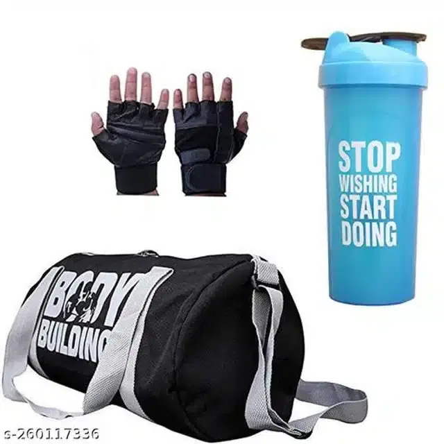 Combo of Gym Bag with Shaker Bottle, 400 ml, Gloves, Multicolor, Set of 3