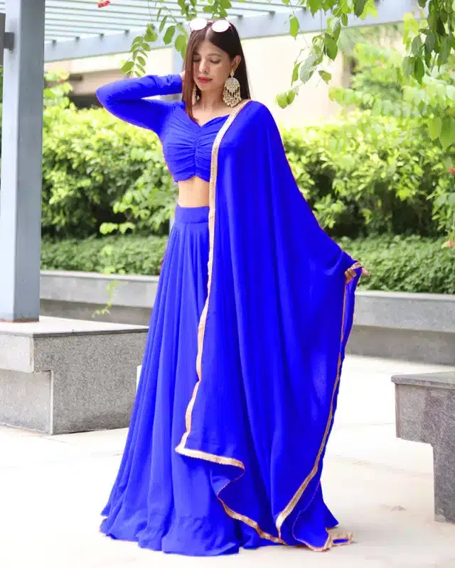 Georgette Semi Stitched Lehenga Choli for Women (Blue, Free Size)