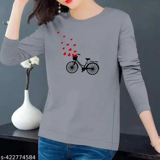 Cotton Blend Printed Sweatshirt for Women (Grey, L)
