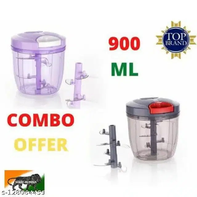 Manual Chopper for Kitchen, Purple & Grey, 900 ml, Pack of 2