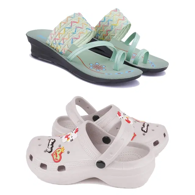 Combo of Sandals & Clogs for Women, Pack of 2 (Mint Green & Grey, 5)