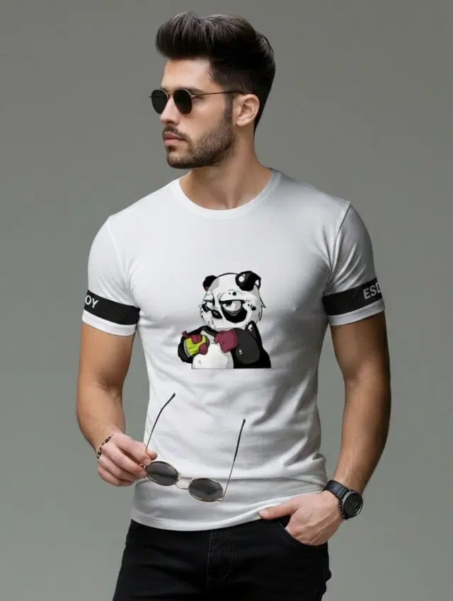 Polyester Printed T-shirt for Men, White (XL)