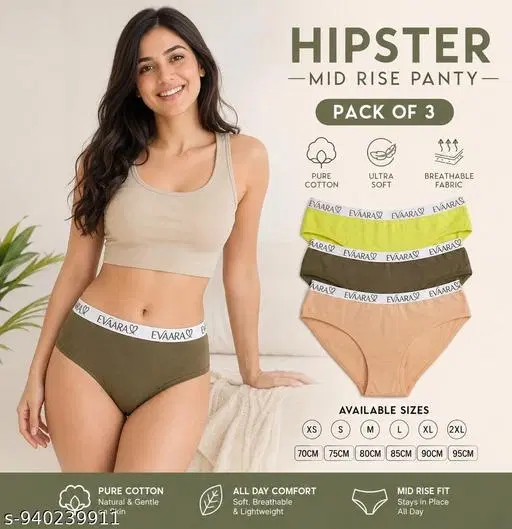 Evaara 3 Pc Hipster Panties for Women (Multicolor, XS)