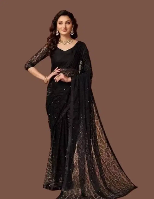 Net Beaded Saree for Women, Black