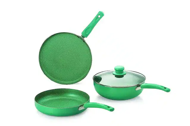 Aluminium Non Stick Tawa, Sauce Pan & Kadahi with Lid, Green, Set of 3