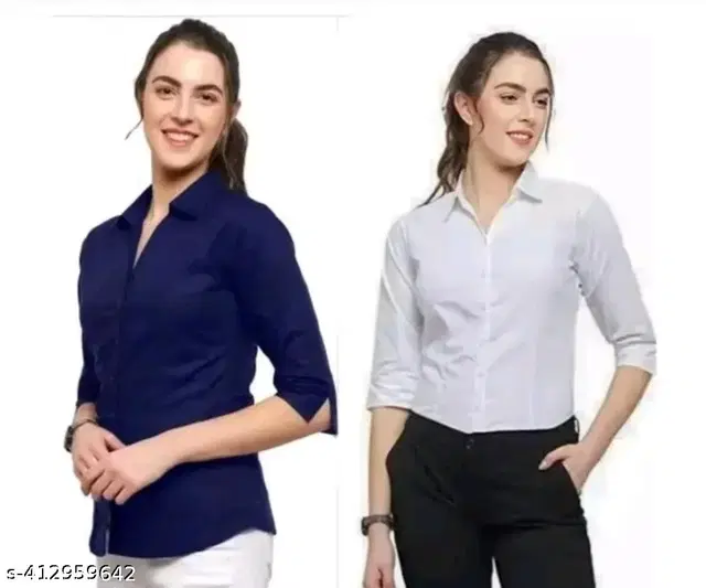 Three-Quarter Sleeves Solid Shirt for Women, Pack of 2 (Royal Blue & White, M)