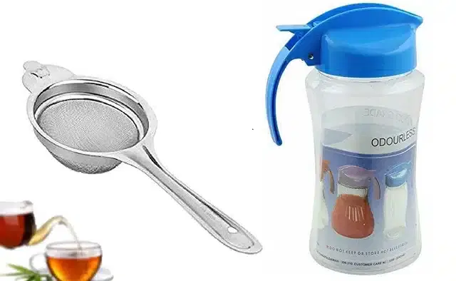 Plastic Leak Proof Oil Storage Container, 1000 ml with Tea Strainer, Multicolor, Set of 2