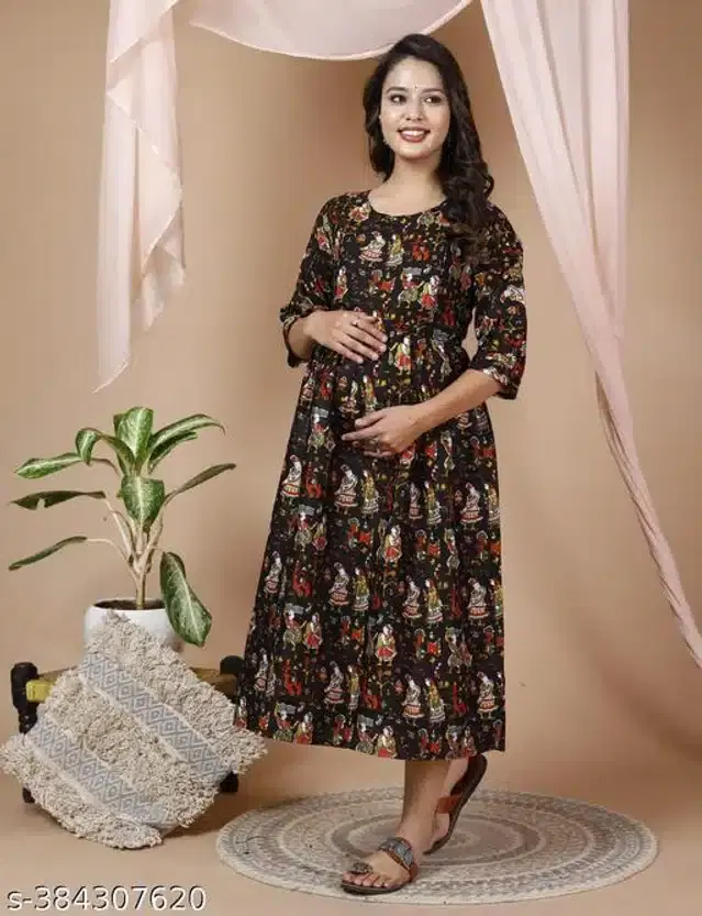 Rayon Printed Fidding Kurti for Women (Black, L)