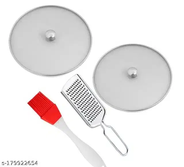 Metal Net Lids, 2 Pcs with Cheese Grater & Oil Brush, Red & Silver, Set of 4