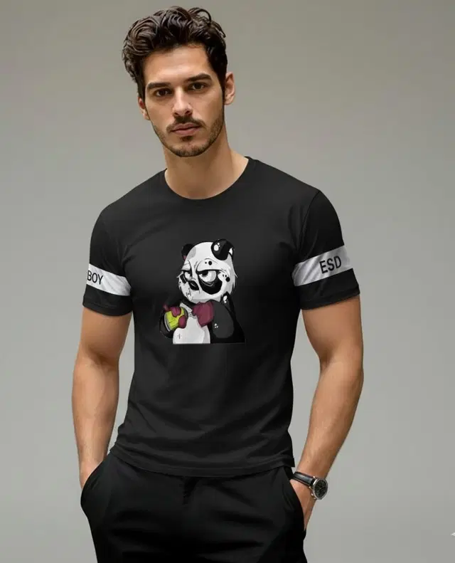 Polyester Printed T-shirt for Men, Black (L)