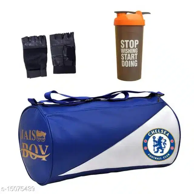 Combo of Gym Bag with Shaker Bottle, 600 ml, Gloves, Multicolor, Set of 3