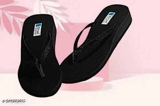 Solid Ethnic - Embellished Flatform Thong Flip-flops for Women (Black, IND-3)