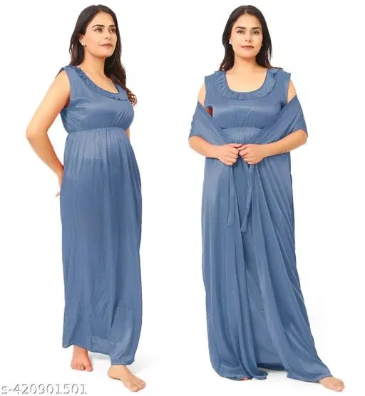Satin Soft & Attractive Nightdress for Women & Girls , Blue (L)