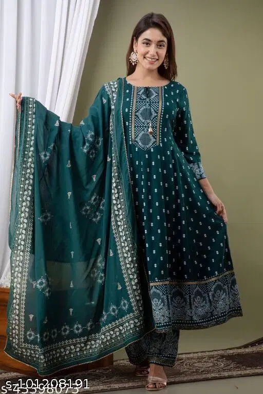 Rayon Printed Anarkali Kurti with Pant & Dupatta Set for Women, Green (M)