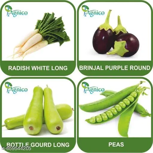 4 Vegetable Seeds Combo With Instruction Manual(Radish White Long/Brinjal Purple Round/Bottle Gourd Long/Peas)