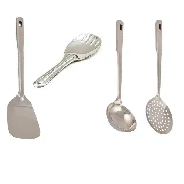 Combo of Stainless Steel Cooking & Serving Spoon Set, Pack of 4, Silver