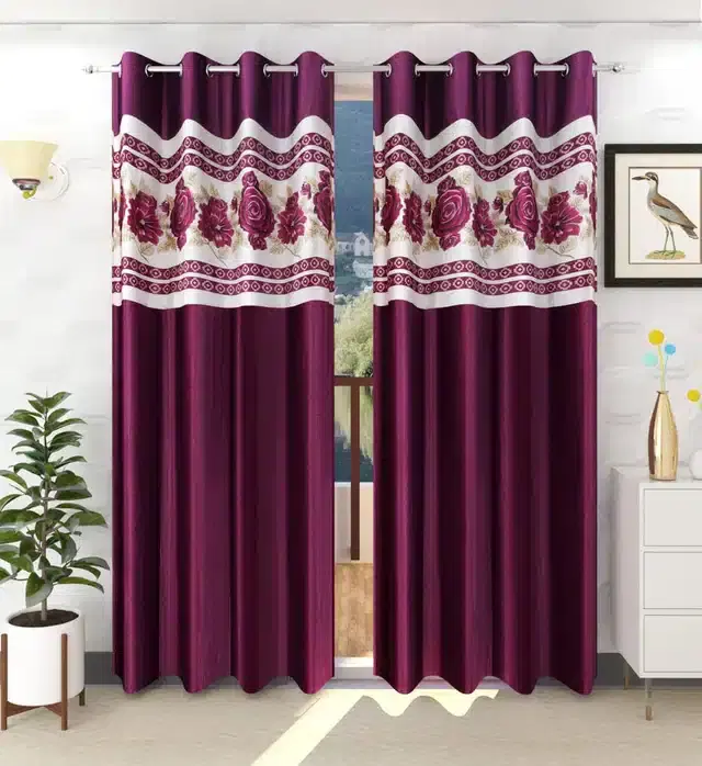 Polyester Patch Worked Window & Door Curtains, Pack of 2, Wine, 5 feet