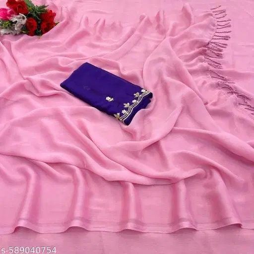Chiffon Solid Saree for Women, Pink (6.3 M)