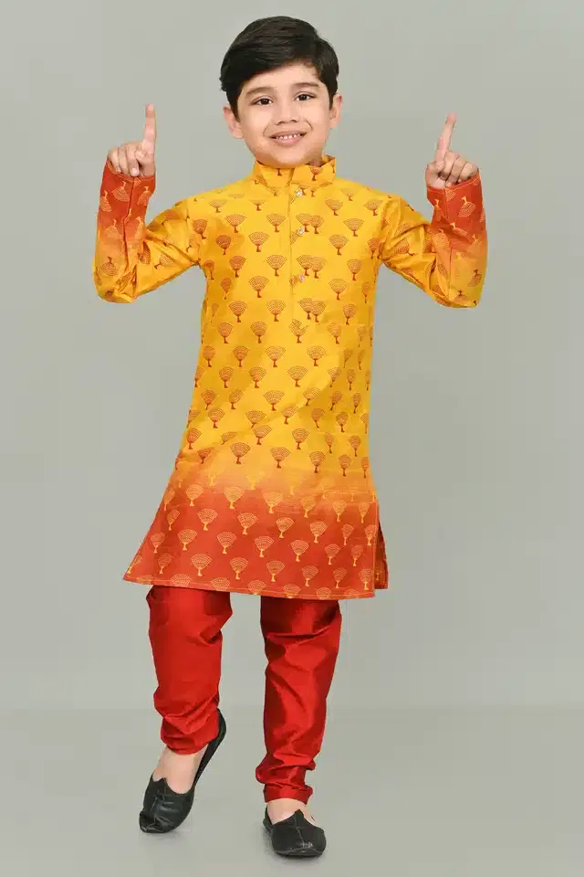 Printed Dupion Silk Kurta and Pajama Set for Boys (Yellow, 1-2 years)