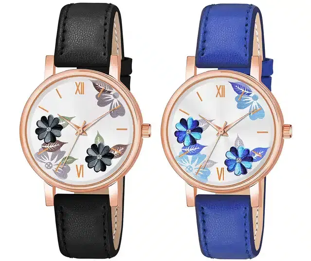 Designer Leather Analog Watch for Women & Girls, Pack of 2 (Black & Blue)