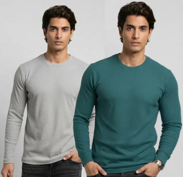 Polyester T-shirt for Men, Grey & Teal, Pack of 2 (M)