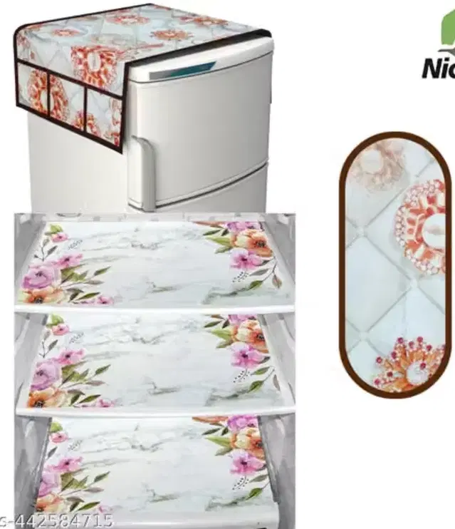 Waterproof Fridge Cover, With 3xFridge Mat And 1 xHandle Cover Pack Of 5 White/Brown Multi Flower