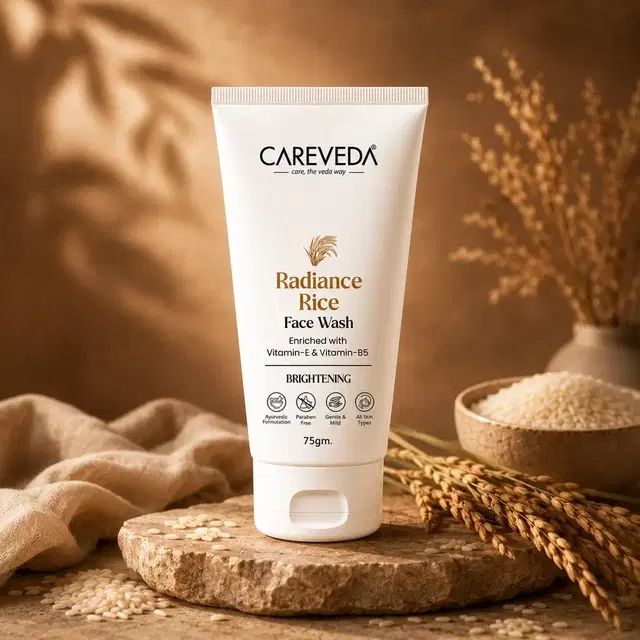 CareVeda Radiance Rice Face Wash For Glowing Skin With Vitamin E & Vitamin B5 Brightening & Hydrating Daily Cleanser For All Skin Types, Paraben Free 75 g