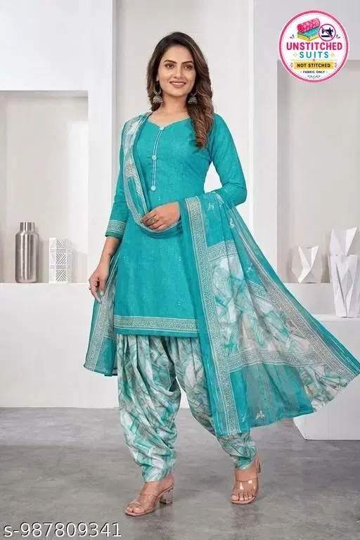 SIMPLYETHNIC Light Blue Cotton Blend Printed Salwar Suit Set for Women (Aqua Blue, L)