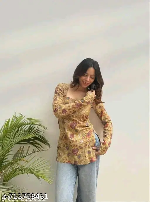 Rayon Printed Short Kurti for Women, Brown (XS)