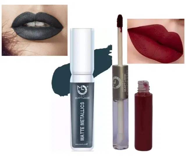 Combo of Matt Look Metallic Liquid Lip Colour with 2-in-1 Lipstick cum Lip Gloss, Dark Grey & Maroon, Set of 2