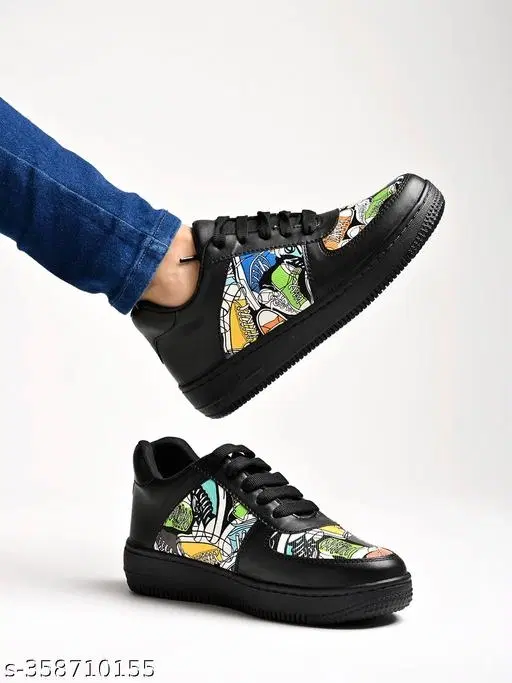 Printed Synthetic Sneakers for Women (Black, IND-3)