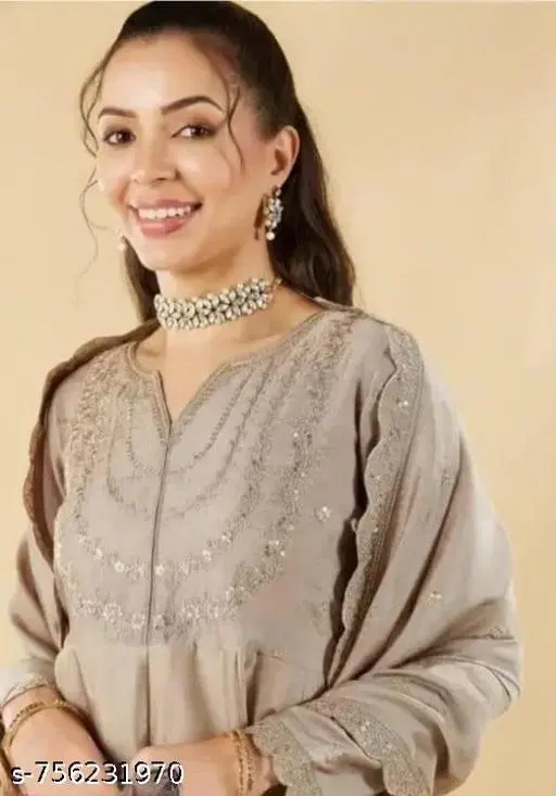 Art Silk Kurta Set for Women (Beige, S)