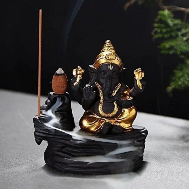 Jiyansh Creation Polyresin Ganesha Smoke Fountain Backflow Waterfall Cone Incense Holder Showpiece Statue with 10 Units Backflow Incense Cones, Golden