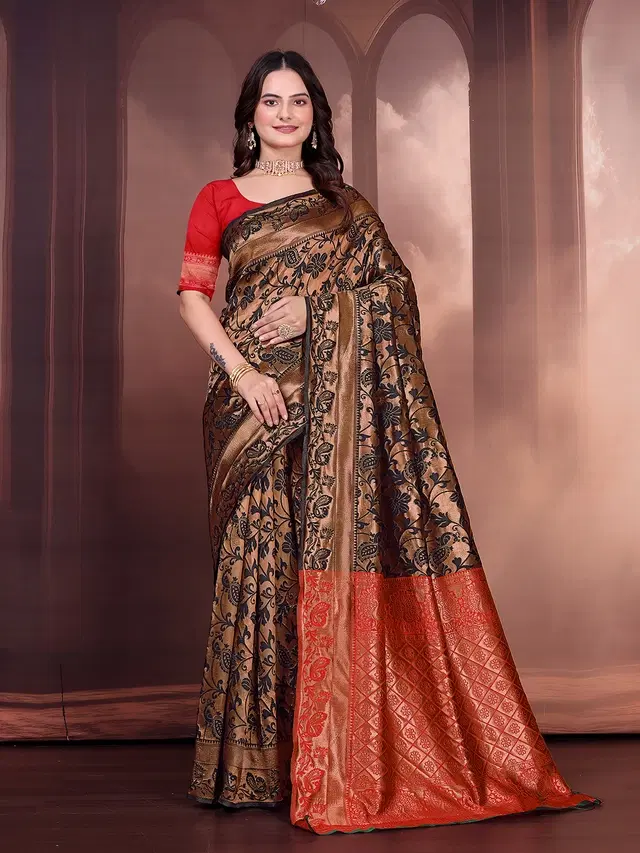 Banarasi Silk Embroidered Saree for Women (Black & Orange, 6.3 m)