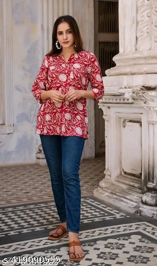 Cotton Printed Short Kurti for Women, Red (XXL)