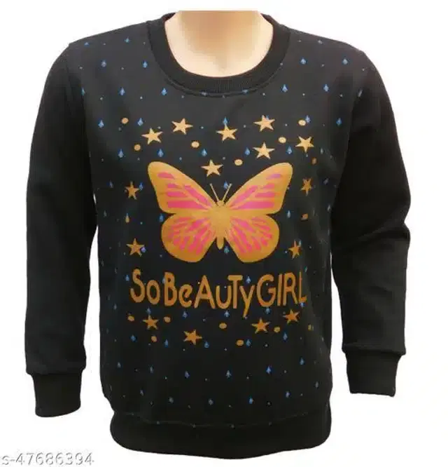 Fleece Printed Full Sleeves Round Neck Sweatshirt for Girls (Black, 2-3 Years)