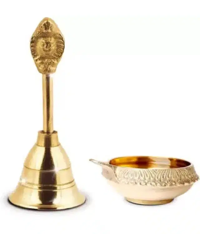 Brass Diya & Pooja Bell, Set of 2, Gold