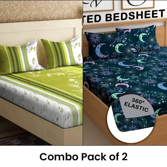 Fitted Double Bedsheet With 2 Pillow Covers Polycotton Cotton (88 X 90, Green Floral & (Blue) Pack of 2