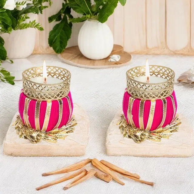 Metal Designer Tealight Candle Holder, Pink, 5x5x6 cm, Pack of 2