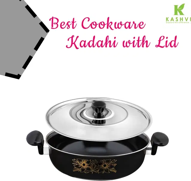 Cast Iron Kadai with Lid, Black & Silver, 28 cm