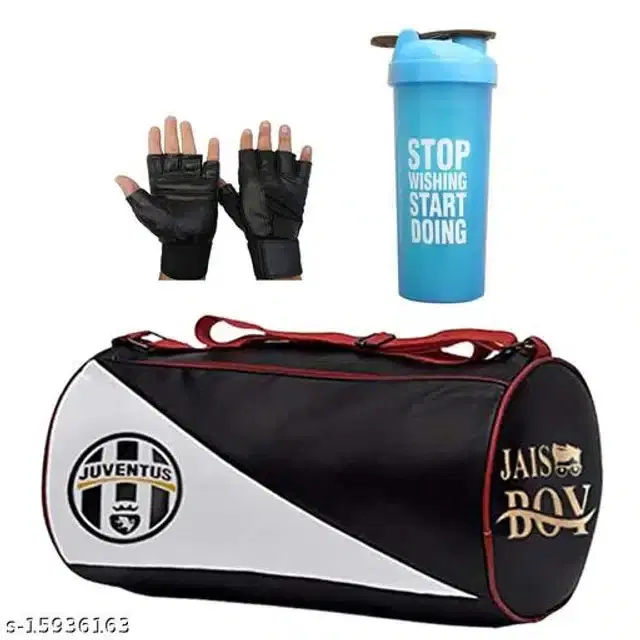Combo of Gym Bag with Shaker Bottle, 600 ml, Gloves, Multicolor, Set of 3