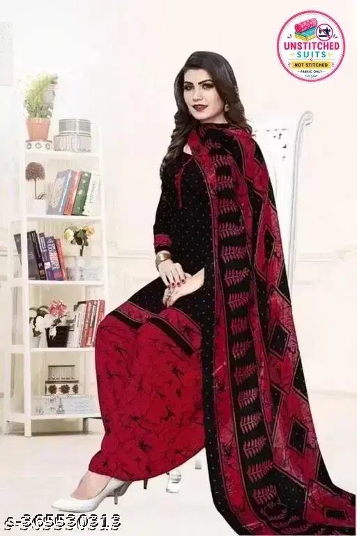 Floral Print Unstitched Suit Fabric for Women & Girls, Black & Red