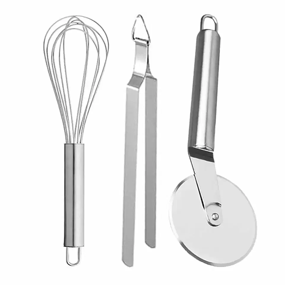 Oc9 Stainless Steel Pizza Cutter & Egg Whisk & Roti Chimta For Kitchen Tool Set