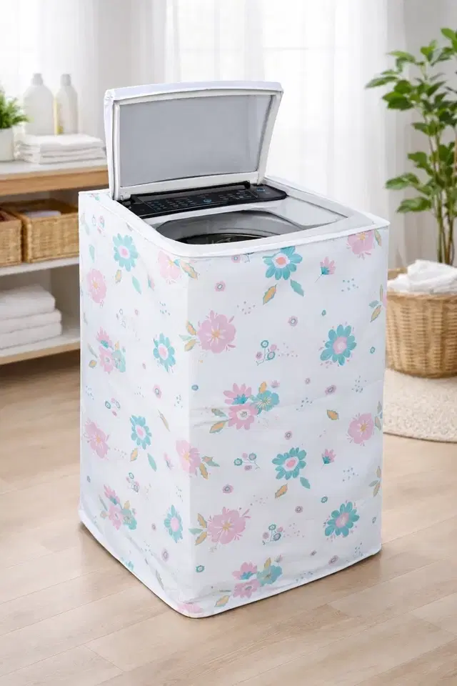 White Floral Waterproof and Dustproof top-load washing machines cover