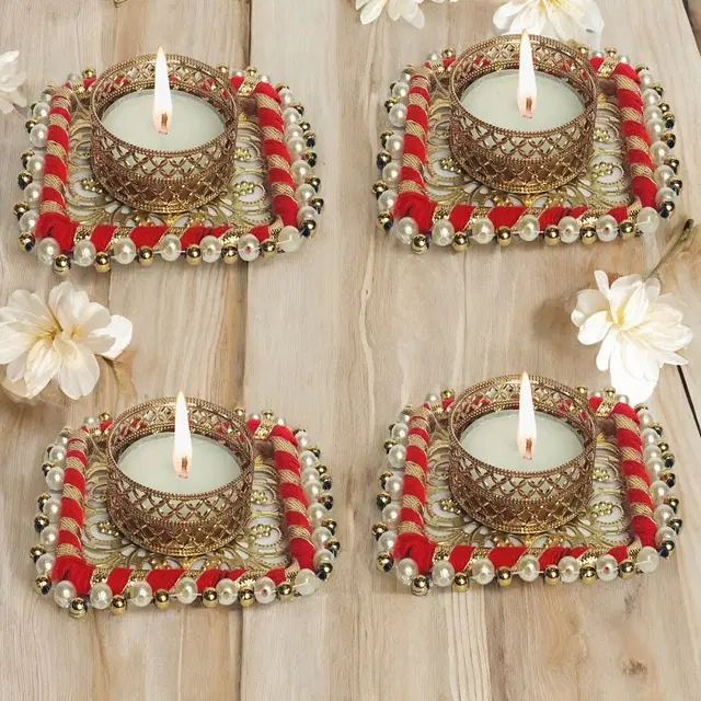 Metal Designer Tealight Candle Holder, Red, 8x8x2 cm, Pack of 4