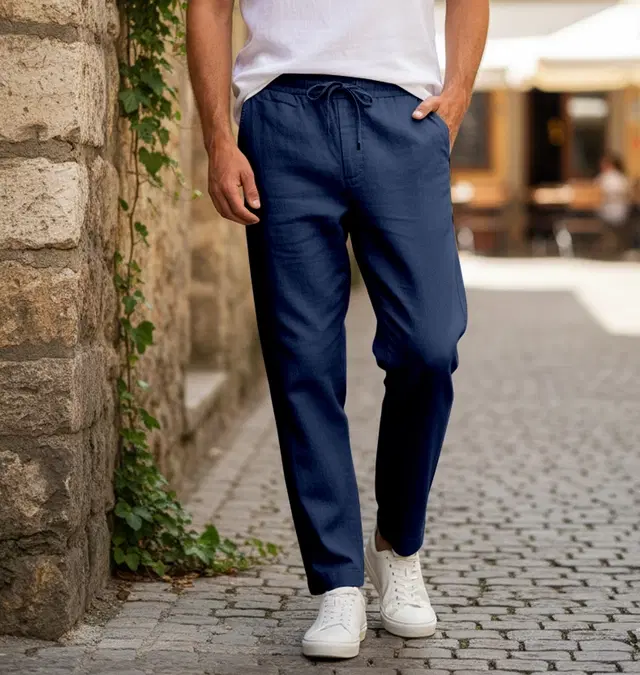 Linen Trousers for Men (Blue, 28)