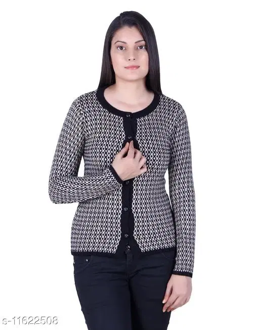 Acrylic Solid Sweater for Women (Black & Beige, M)