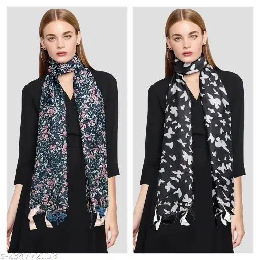 Chiffon Scarves for Women, Black, Pack of 2